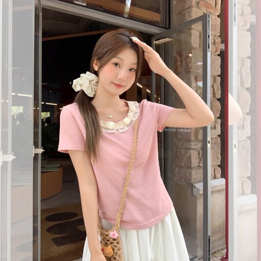 Vapetix S-L  Actual Lace Edge Pink Short Sleeve T-Shirt for Women 2025 Summer New Arrival Super Unique and Versa - Obrázek 3