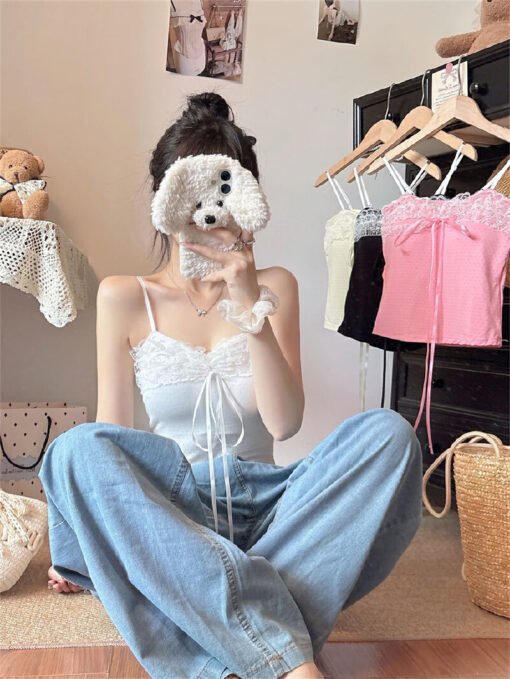 Vapetix Free Size-Free Size  Summer New French Stylish Bodycon Lace Edge Straps Backless Top Slimming Short Sleeve One-Piece wit - Imagen 5