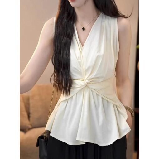 Vapetix S-XL  Design Sense Kink V-neck Vest Women's 2025 Summer New Holiday Style Niche Slim-fit Chic Sleeveless – Bild 3
