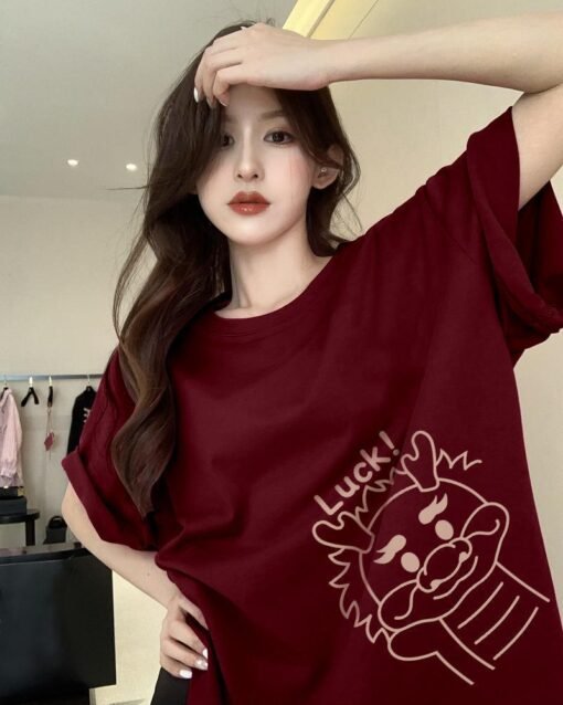Vapetix S-3XL  High-end wine red Crewneck Short-sleeved T-shirt Women's Spring 2025 New Style Small Unique Top Sup