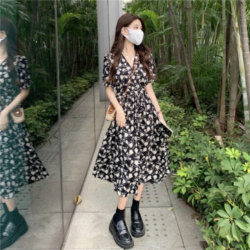 Vapetix Universal code-Universal code  Summer floral dress for women mid-length V-neck retro puff sleeves high waist slim casual vacation - Pilt 3