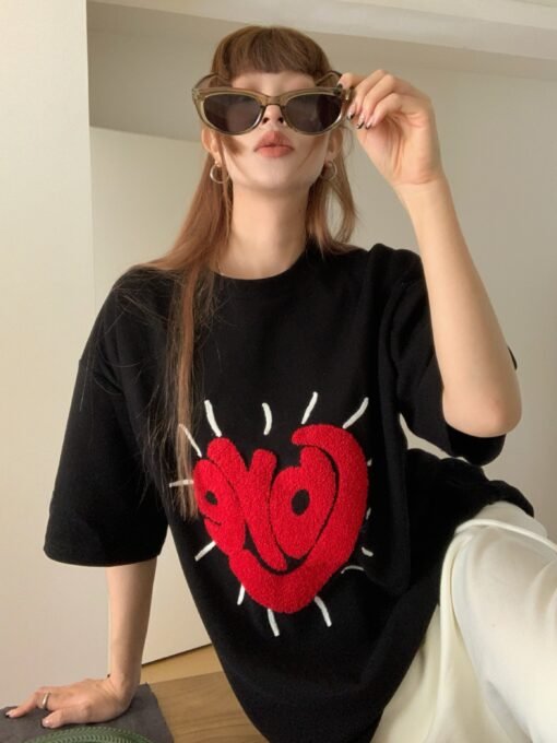 Vapetix S-2XL  Printed Letter Love T-shirt Women's Spring 2025 New American-style Loose Casual Age-reducing All-ma – Bild 3