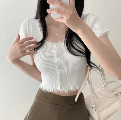 Vapetix Free Size-Free Size  Korean chic summer shorts with midriff-baring knit cardigan and lace trim, slimming top