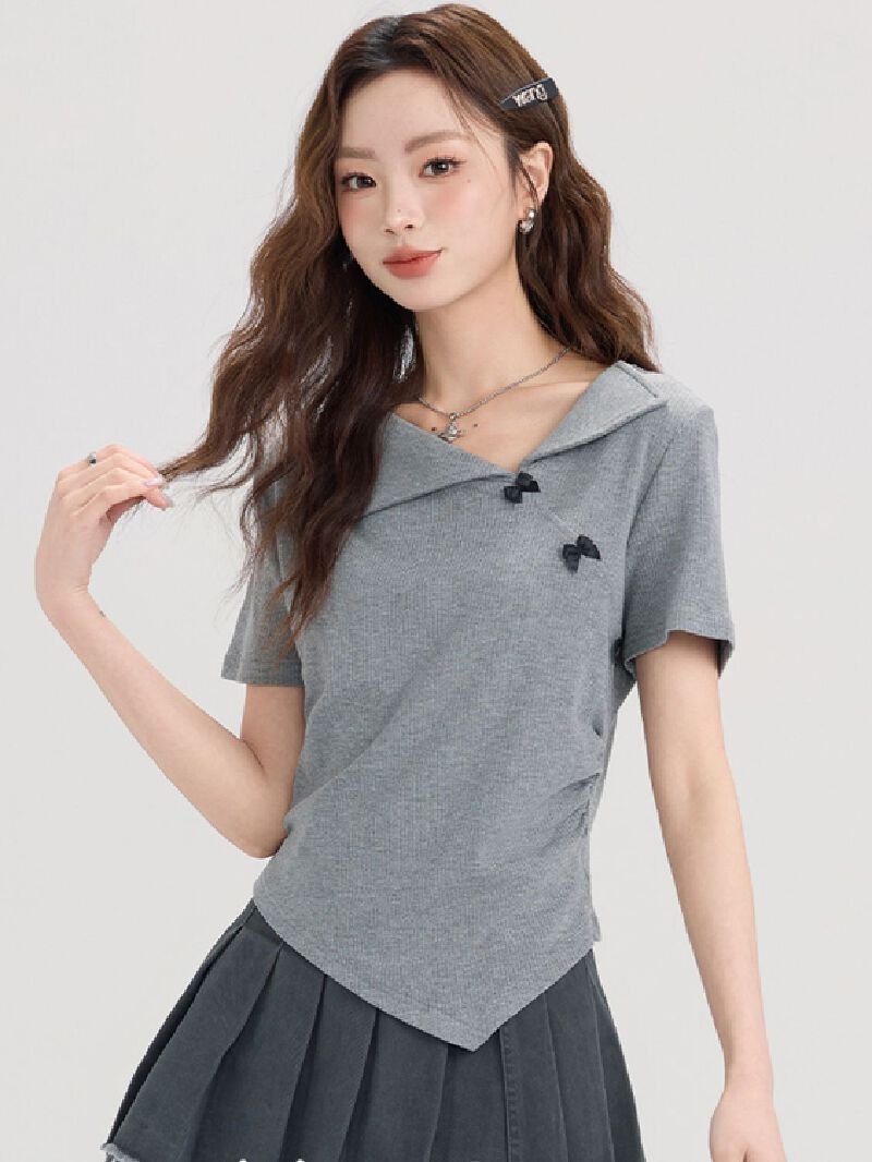 Vapetix S-XL 92% viscose 8% spandex French V-neck polo short-sleeve T-shirt for women summer hot girl short top - 图片 2