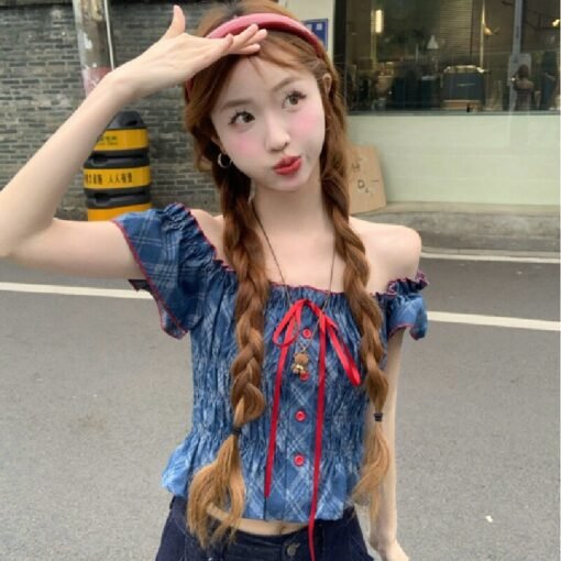 Vapetix Free Size-Free Size  Real shot Design sense one shoulder denim short top women's off-shoulder sleeveless T-shirt sweet a - Afbeelding 6