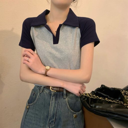 Vapetix S-XL  Hong Kong Style Polo Collar Raglan Color Contrast Short-sleeved T-shirt Women's Summer New Design S