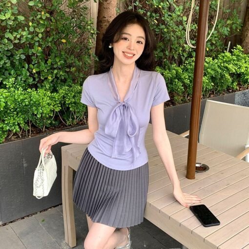 Vapetix S-L  French Elegance Elegant Bow Tie Short Sleeve Knitted T-Shirt Women Summer Unique Gorgeous Purple Sl - Kuva 3