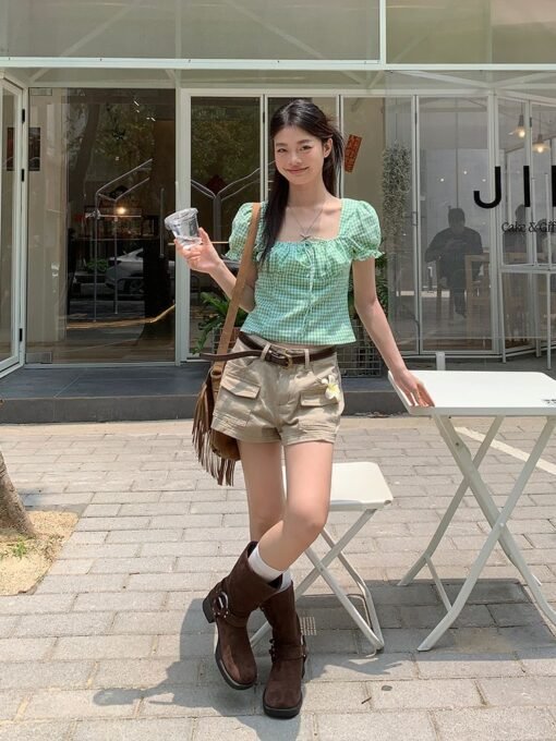Vapetix S-XL  Green Grid Square Collar Puff Sleeve Women's Summer New Slimming Waist Short Top - Afbeelding 5