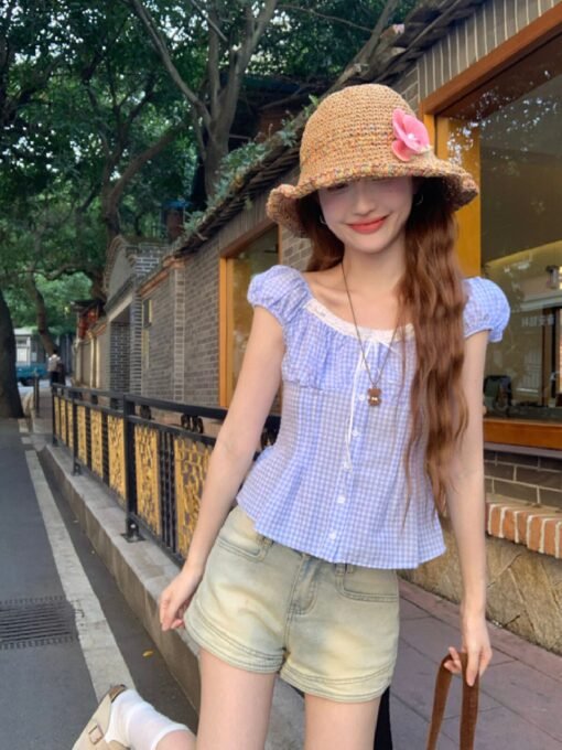 Vapetix S-L  Photographed Summer Sweet Blue Checkered Bubble Short-Sleeve Shirt for Women, Fitted and Slimming, - Afbeelding 2