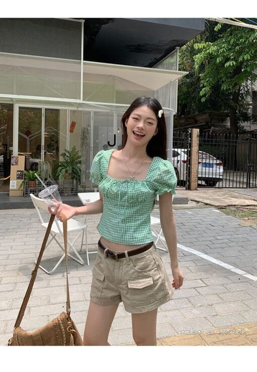 Vapetix S-XL  Green Grid Square Collar Puff Sleeve Women's Summer New Slimming Waist Short Top - Afbeelding 6