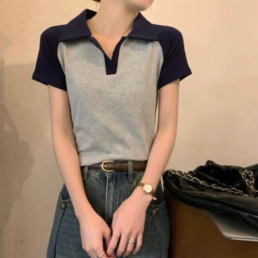 Vapetix S-XL  Hong Kong Style Polo Collar Raglan Color Contrast Short-sleeved T-shirt Women's Summer New Design S – Bild 2