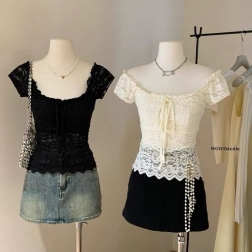 Vapetix Free Size-Free Size  ~Fashion Retro Lace Crochet Square Collar Tie T-Shirt Pure Desire Waist Cinching Slimming Unisex Sh - Obrázek 4