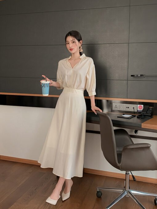 Vapetix Universal code-Universal code  Temperament V-neck mid-sleeved waist-hugging dress Korean style chic lady - Pilt 4