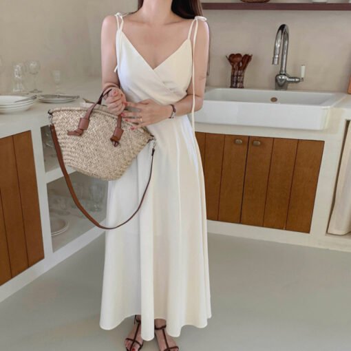 Vapetix S-M  French temperament cross V-neck waist-hugging slim solid color sleeveless suspender dress long skir - Pilt 3