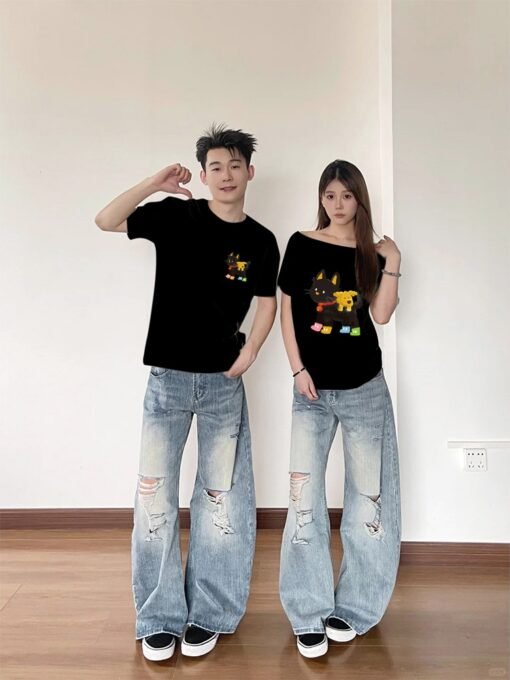 Vapetix S-3XL  [220g Combed Cotton] Different Couple Dress Summer High-end Sense Niche Design Sense Slant Shoulder – Bild 3