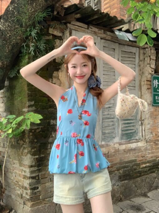 Vapetix S-L  Vintage Grid Sleeveless Backless Top with Design Sense, Small-Batch Fitted Slimming Neckline Flower – Bild 5