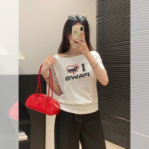 Vapetix S-XL  Vintage American Hot Dog Love Print Off-Shoulder Short Sleeve T-Shirt Summer New Arrival Women's Of - Imagen 5
