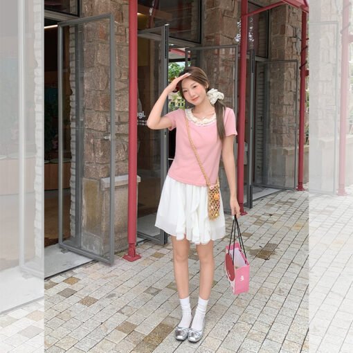 Vapetix S-L  Actual Lace Edge Pink Short Sleeve T-Shirt for Women 2025 Summer New Arrival Super Unique and Versa - Obrázek 5