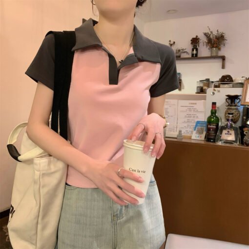 Vapetix S-XL  Hong Kong Style Polo Collar Raglan Color Contrast Short-sleeved T-shirt Women's Summer New Design S – Bild 3