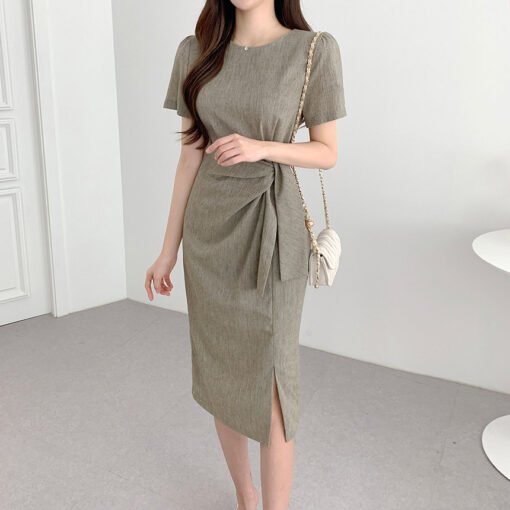 Vapetix Universal code-Universal code  Korean chic summer retro niche round neck kink strap waist puff sleeve side slit hip dress for wome - Pilt 5