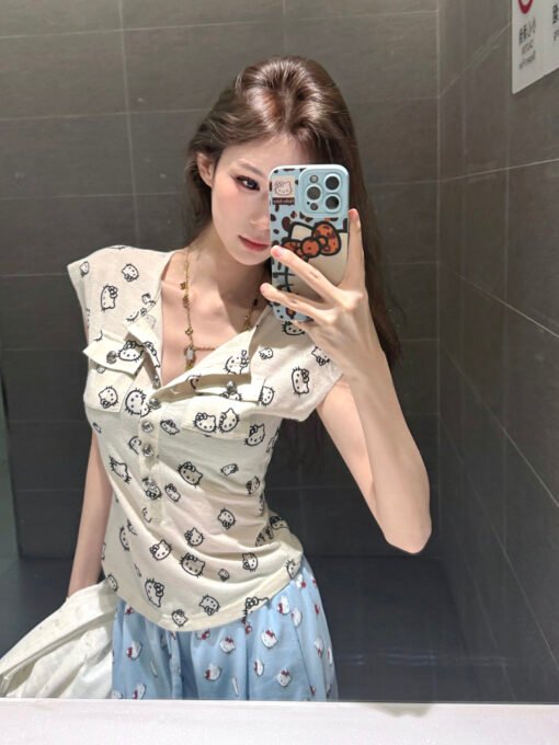 Vapetix S-XL  Kitty Girl's Cartoon Theme Printed Pocket T-shirt Women's Simple Sweet Style Sleeveless Short Top – Bild 2