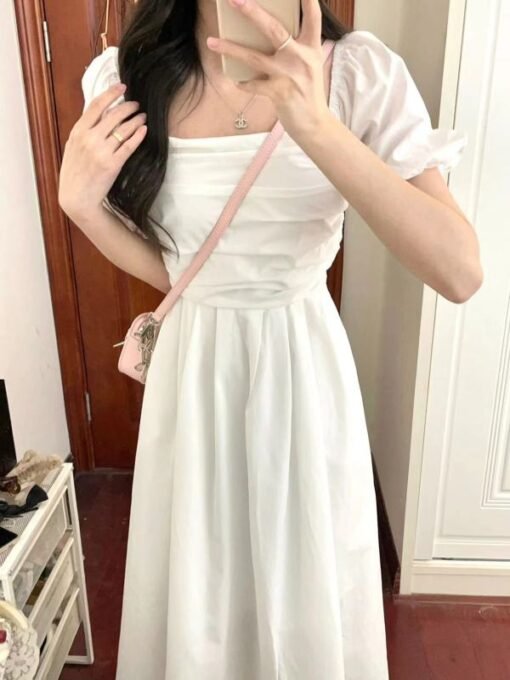 Vapetix S-XL  High-end sweet first love gentle style casual loose slim white pleated puff sleeve dress for women - Kuva 3