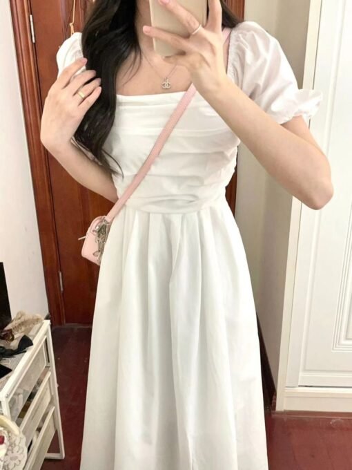 Vapetix S-XL  High-end sweet first love gentle style casual loose slim white pleated puff sleeve dress for women - Kuva 4