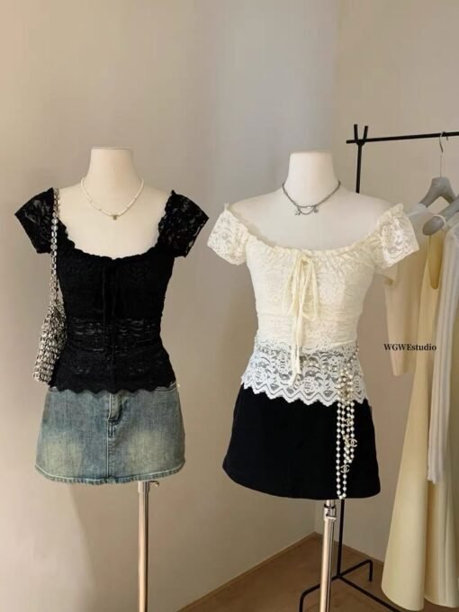 Vapetix Free Size-Free Size  ~Fashion Retro Lace Crochet Square Collar Tie T-Shirt Pure Desire Waist Cinching Slimming Unisex Sh - Obrázek 5