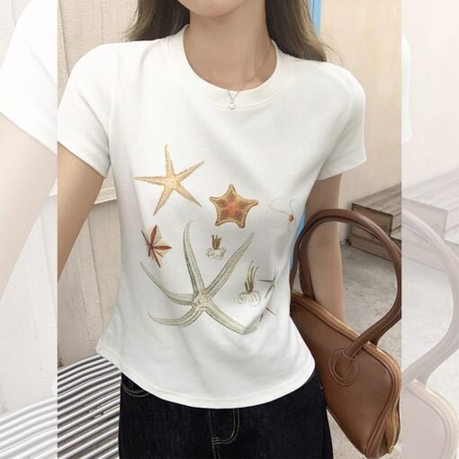 Vapetix S-L  Photographed in 2025 Unique Starfish Print Short-Sleeve T-Shirt for Women - Summer New Arrival Roun – Bild 4