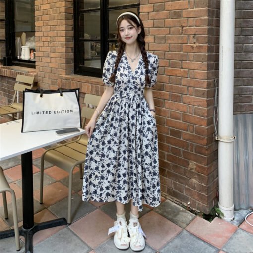 Vapetix Universal code-Universal code  Summer floral dress for women mid-length V-neck retro puff sleeves high waist slim casual vacation - Pilt 4