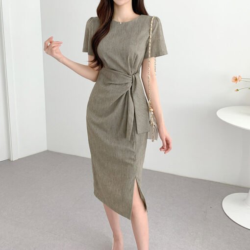 Vapetix Universal code-Universal code  Korean chic summer retro niche round neck kink strap waist puff sleeve side slit hip dress for wome - Pilt 7
