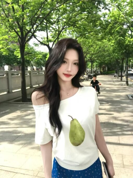 Vapetix S-XL  Live quality [40 Odair 92% cotton 8% spandex 220g oblique shoulder open shoulder T-shirt] pear prin – Bild 2