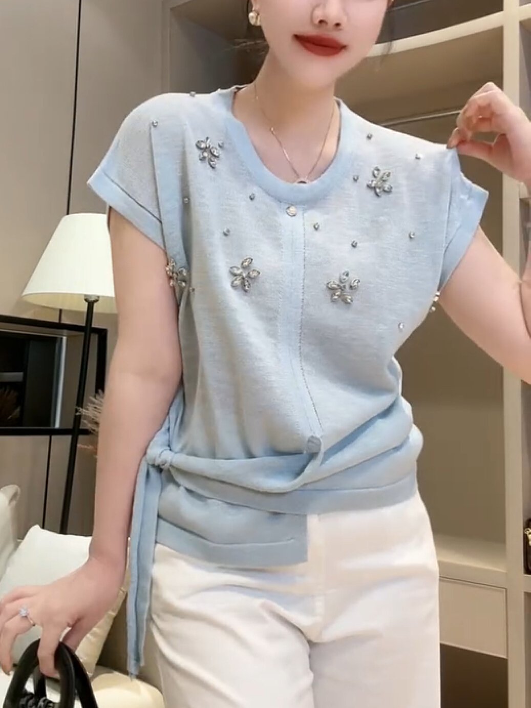 Vapetix Free Size-Free Size Tmall Quality 2025 Summer New Arrival Round Neck Asymmetrical Hem Embroidered Diamond-Studded Slim- - 图片 7
