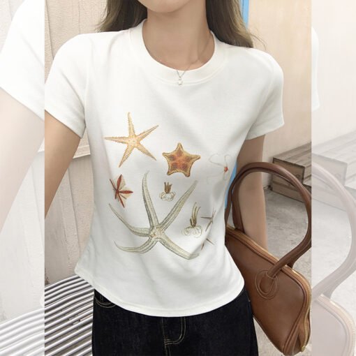 Vapetix S-L  Photographed in 2025 Unique Starfish Print Short-Sleeve T-Shirt for Women - Summer New Arrival Roun – Bild 5