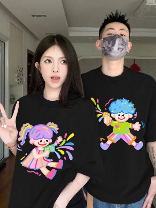 Vapetix S-3XL  [220g Combed Cotton] Different Couple Dress 2025 New Super Fire Niche Color Graffiti Short Sleeve T – Bild 3