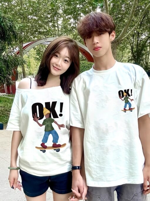 Vapetix S-3XL  [220g Combed Cotton] Different Couple Dress High-end Sense Niche Don't Hit Slant Shoulder Slim Shor - Kép 2