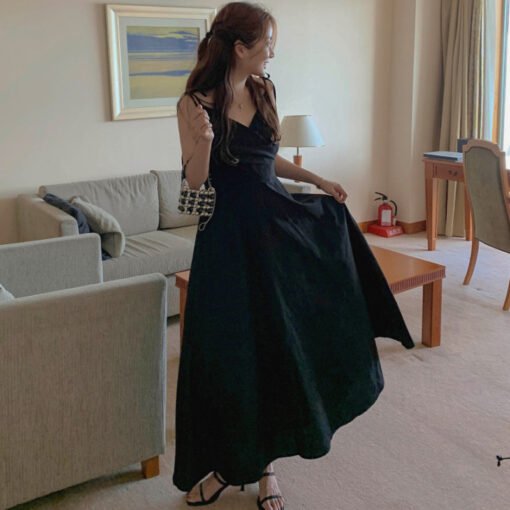 Vapetix S-M  French temperament cross V-neck waist-hugging slim solid color sleeveless suspender dress long skir - Pilt 4