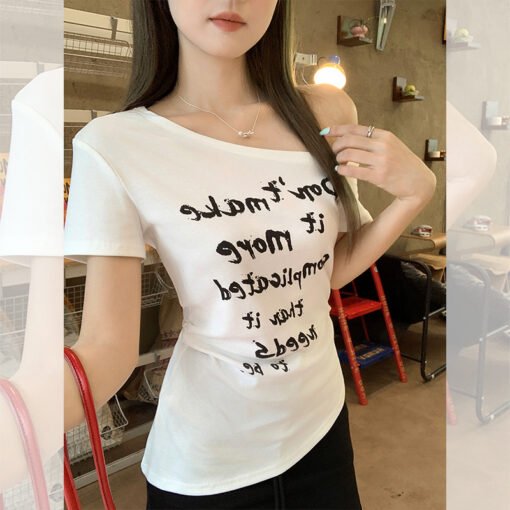 Vapetix S-L  Photographed 2025 Summer Sloping Shoulder Hot Girl T-shirt with a sense of elegance, niche and irre - Imagen 4