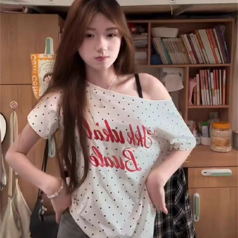 Vapetix S-XL American style hot girl polka dot letter off shoulder short sleeve t-shirt women's summer absolutel – Bild 2