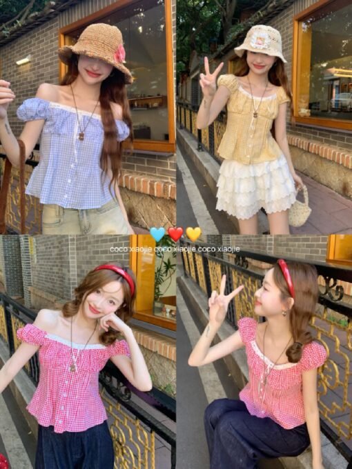 Vapetix S-L  Photographed Summer Sweet Blue Checkered Bubble Short-Sleeve Shirt for Women, Fitted and Slimming, - Afbeelding 3