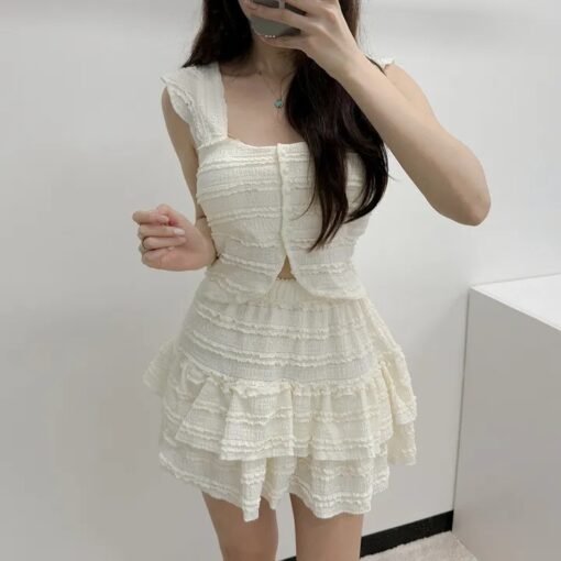 Vapetix Free Size-Free Size  Korean chic wood ear edge design set, French sweet age-reducing backless top, high-waisted fluffy c - Afbeelding 6