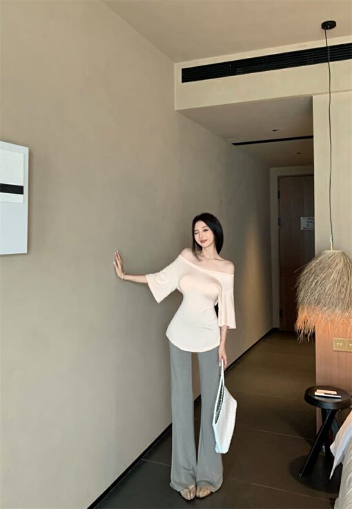 Vapetix S-Free Size  Photographed Pure Desire Style Shoulder-Strap Short-Sleeve T-Shirt Slimming Hot Girl Top and Bottom - Imagen 4