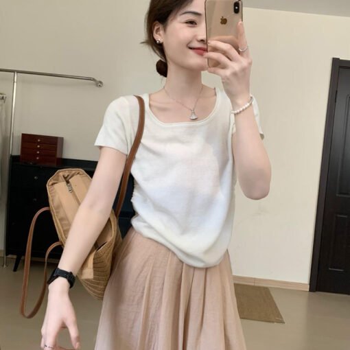 Vapetix Free Size-Free Size  Grey Ice Silk Knitted Short-Sleeve T-Shirt for Women - Summer New Arrival Slimming Crepe Waist-Tie - Afbeelding 4