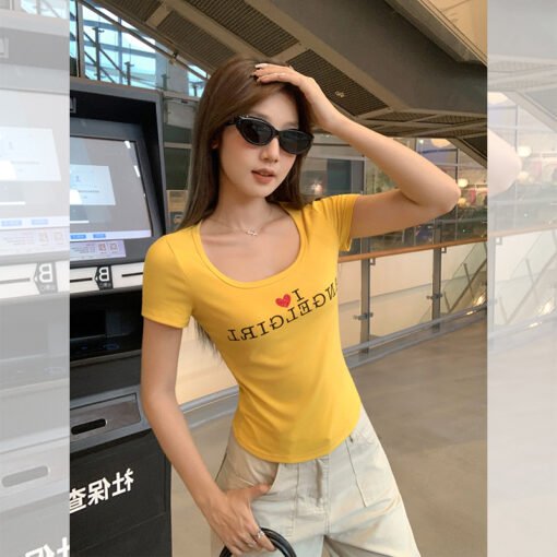 Vapetix S-L  Real shot hot-stamping letter print slimming straight shoulder short-sleeved T-shirt women's summer – Bild 5