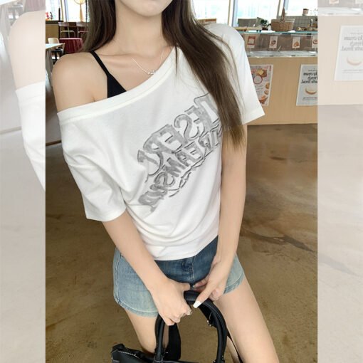 Vapetix S-XL  Letter Print Short-Sleeve T-Shirt for Women - Summer, Off-the-Shoulder, Trendy, Niche, Sexy, Pure D – Bild 5