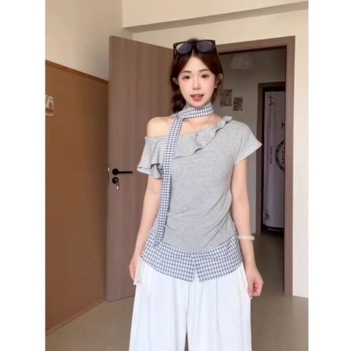 Vapetix S-XL  Cotton Striped + Neck Scarf Korean Style Asymmetrical Two-Piece Short Sleeve T-Shirt for Women - Su – Bild 6