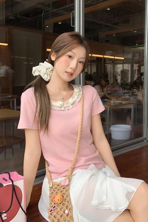 Vapetix S-L  Actual Lace Edge Pink Short Sleeve T-Shirt for Women 2025 Summer New Arrival Super Unique and Versa - Obrázek 6