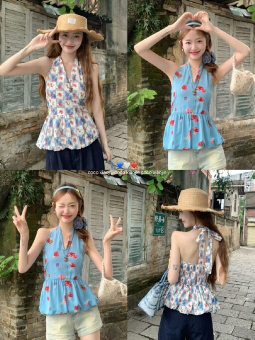 Vapetix S-L  Vintage Grid Sleeveless Backless Top with Design Sense, Small-Batch Fitted Slimming Neckline Flower – Bild 6
