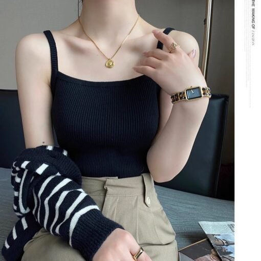 Vapetix Free Size-Free Size  Knitted women's spring outerwear, 2025 new white suit-style camisole top with black short undershir - Afbeelding 4