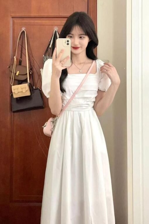 Vapetix S-XL  High-end sweet first love gentle style casual loose slim white pleated puff sleeve dress for women - Kuva 6